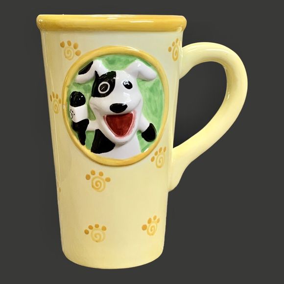 Vtg 1999 Y2K Pets.com 3D Ceramic Sock Puppet Tall Latte Coffee Cup Mug Yellow - Picture 1 of 12